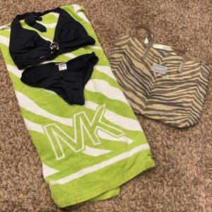 EUC Michael Kors Black Swim Bikini, Green Zebra Beach Towel & Gold Zebra Tote